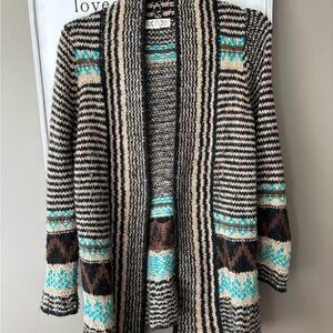 Cableknit Cardigan Sweater in Chocolate, Turquoise, Black & Tan Large